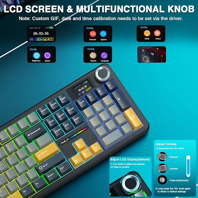 AULA F108 PRO - Wireless Mechanical Keyboard with Screen&Knob,Hot Swappable Gaming Keyboard with 8000mAh Battery,Pre-lubed Switches,RGB Backlit,PBT Keycaps Creamy Sounding Computer Keyboards,104 Keys - Image 3