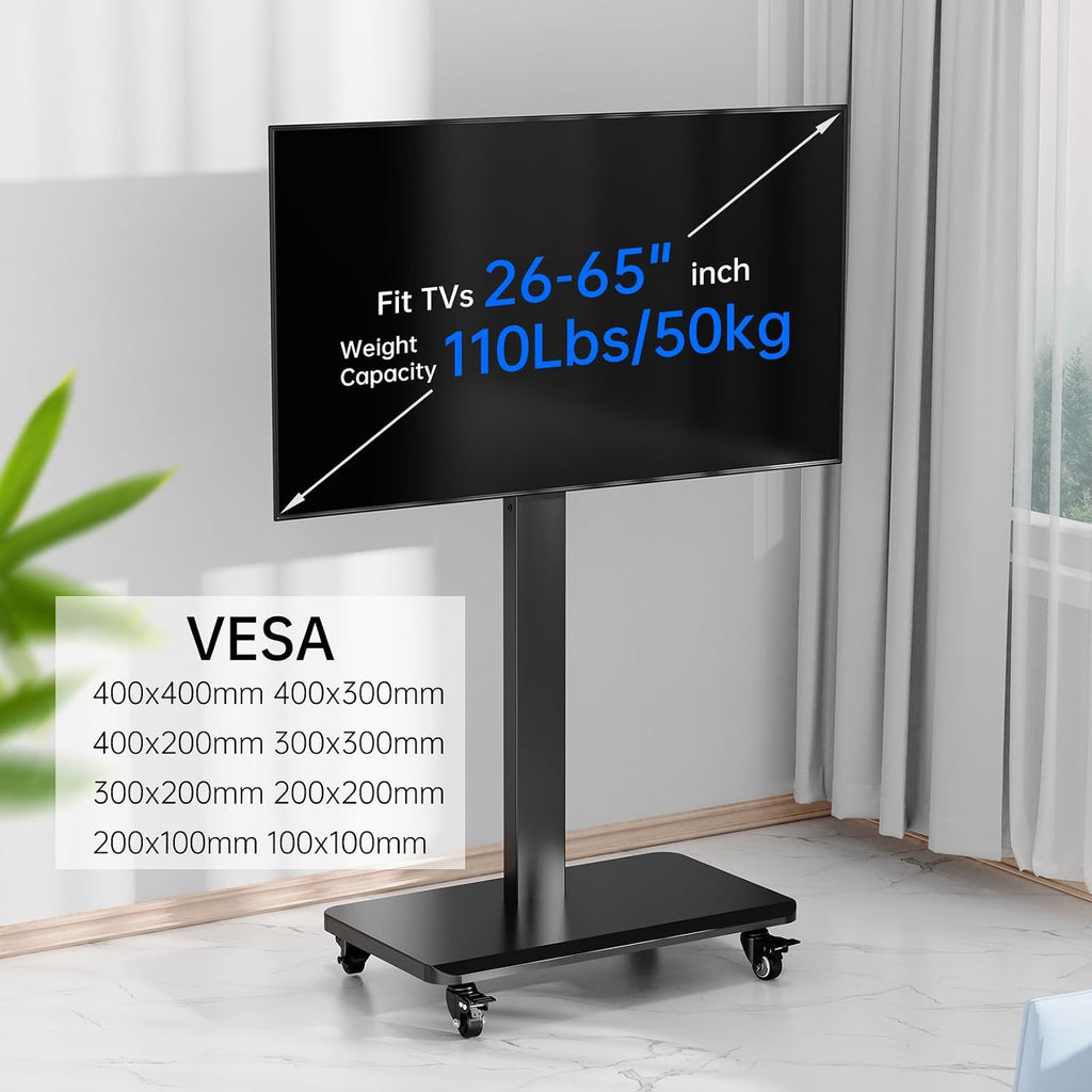 Mobile TV Cart with Wheels.Rolling TV Stand for 26 to 65 Inch Flat Panel Screens,Portrait to Landscape,Height Adjustable Portable TV Stand Holds Up to 100lbs,Max VESA 400x400mm (Black) - Image 5