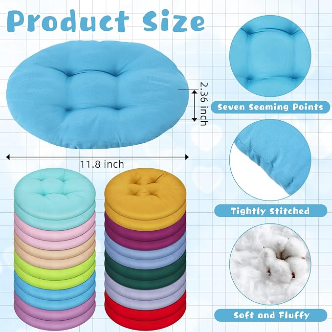 Tinideya 24 Pcs Floor Cushions Classroom,Small 11.8 Inch,Multi Color | Round Meditation Pillows for Adults Kids, Flexible Seating Nursery Living Room Yoga, Soft Padded Chair Cushion - Image 2