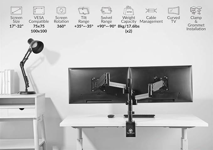 TechOrbits Triple/Double/Single Monitor Mount Stand - Computer Screen Desk Gas Spring Arm (Dual Monitor - Black) - Image 2