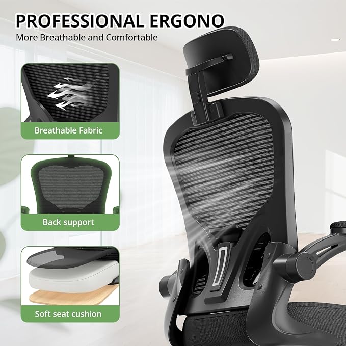 Office Chair Ergonomic Desk Chair, 330LBS Capacity, High Back Computer Chair for Long Hours Comfortable, Rolling Swivel Executive Task Chair for Home Office with Flip-up Armrests, Black Black-Chrome - Image 9