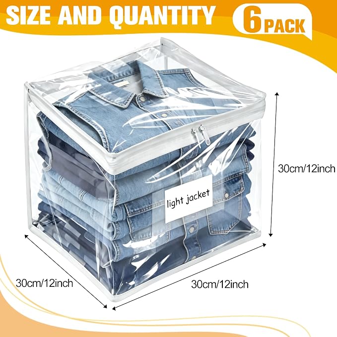 Plastic Storage Bags with Easy-Glide Zipper, Pack of 6, Durable Clear Vinyl Zippered Storage Bags for Clothes Sweaters Comforters Blankets Sheets Bedding (12 x 12 x 12 Inch, Transparent White) - Image 3