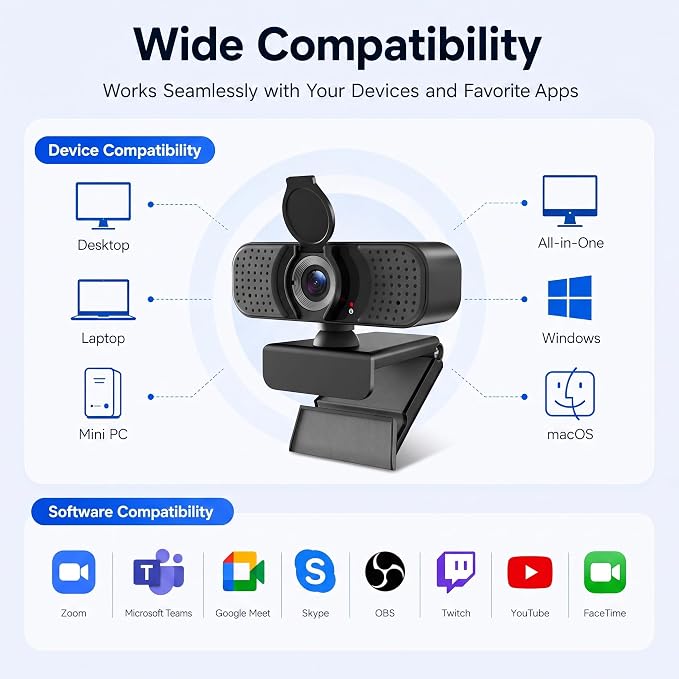 4K UHD Webcam with PDAF Autofocus, Dual Mics, USB-C Adapter, Privacy Cover | 87° view, auto white balance, low-light correction, 360° rotation, 35° tilt, 1.5 m USB-A cable and mini tripod - Image 7