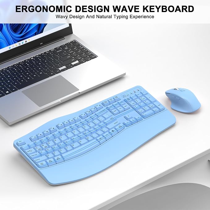 Wireless Keyboard and Mouse Combo, 2.4G Ergonomic Wave Keys(Sky Blue) | Full Size Wave Keyboard with Wrist Rest, 3-Level DPI Adjustable Ergonomic Mouse for Windows and Mac OS Desktop/Laptop/PC - Image 2