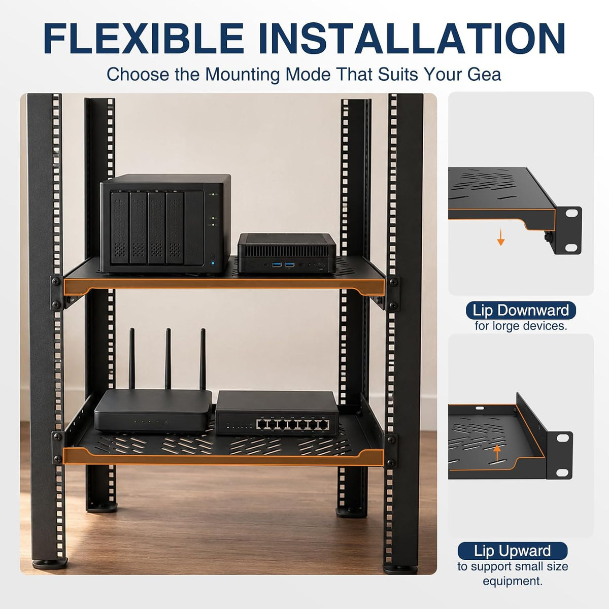 1U Rack Shelf,2 Pack Rack Mount Shelf with Removable Mounting Ears,19 Inch Server Rack Shelf for Network,Router&Audio Equipment,M5/M6 Hardware,Screwdriver - Image 3