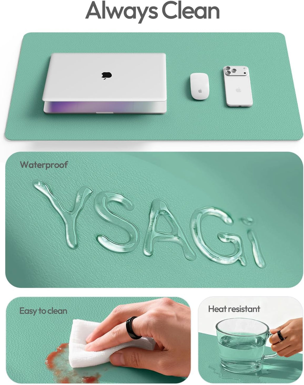 YSAGi Leather Desk Protector, Office Mat, Large Mouse Mat, Non-Slip PU Leather Blotter, Laptop Desk Pad, Waterproof Writing Pad for Office and Home (Green-Blue, 23.6" x 13.8") - Image 7