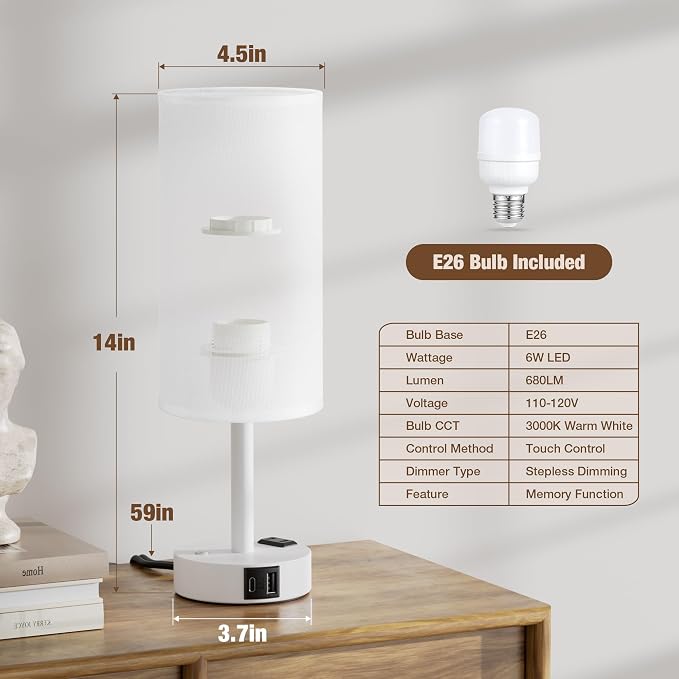 White Touch Bedside Lamp for Bedroom, Stepless Dimmable, USB A+C, AC Outlet | Base Touch Button Only, Memory Brightness, Ultra-dim Night Light, Included Bulb for Optimal Dimming, White Lamp Base, Nursery - Image 7