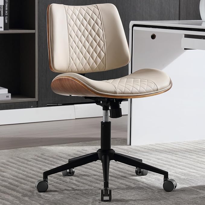Home Office Chair No Arms with Wheels, Adjustable Height Small Desk Chair, PU Leather Mid Back 360 Swivel Computer Chair, Armless Modern Walnut Chair for Office, Reading Meeting Room(Beige) | Adjustable Height Small Desk Chair, PU Leather Mid Back 360 ... by BERYTH