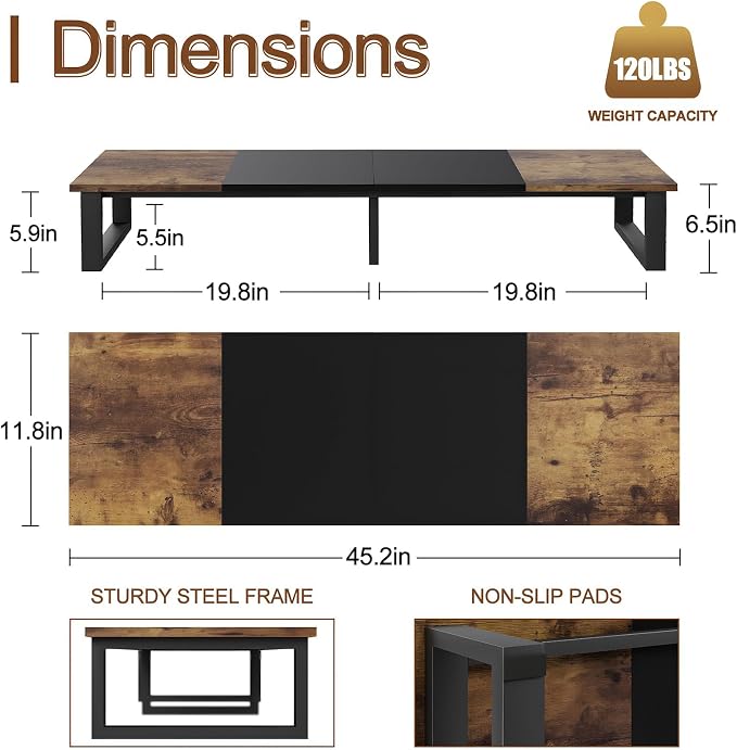 aboxoo 45" TV Riser Stand for 32-60 Inch TV, TV Shelf with Steel Legs | Brown TV Riser Stand with Storage, Tabletop TV Riser for Home Living Room, Study Office, Fit TV, Monitor, Laptop - Image 5