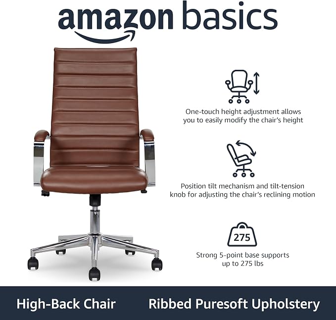 Amazon Basics High-Back Swivel Office Chair with Lumbar Support, Ergonomic Ribbed Faux Leather, Adjustable Height, 24.75"D x 23.25"W x 45.25"H, Brick Red - Image 4