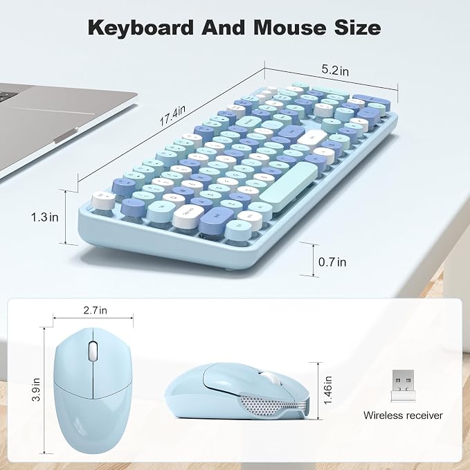 Wireless Keyboard and Mouse Combo, 2.4GHz Retro Full-Size Typewriter Keyboard with Number Pad and Wireless Mouse for PC/Laptop/Desktop/Windows (Pale Blue) - Image 6