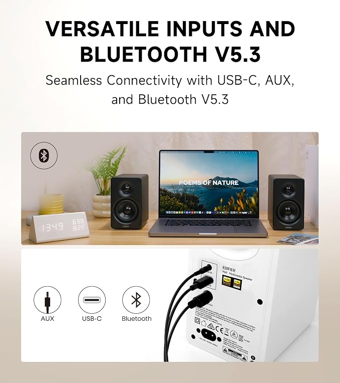 Edifier M60 Multimedia Speaker, 66W RMS Computer Speaker, Black | Bluetooth 5.3, Hi-Res Audio with LDAC, 3" Mid Bass & 1" Tweeter, USB-C AUX Inputs, Compact Desktop Speaker - Image 6