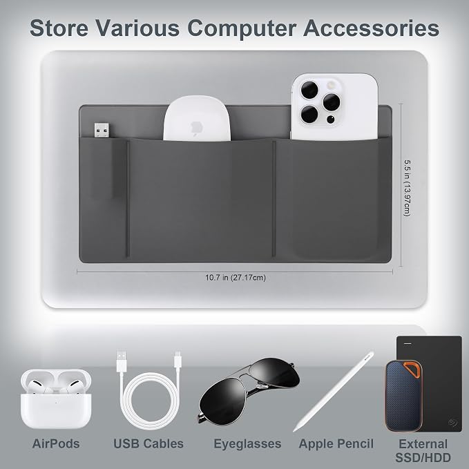 Lacdo 3-Pocket Mouse Holder for Laptop Stick on, External Hard Drive SSD Holder for Laptop, Stick on Pouch Organizer Adhesive Pocket Storage Sleeve for Mouse/HDD/SSD/Cables, Computer Accessories, Gray - Image 5