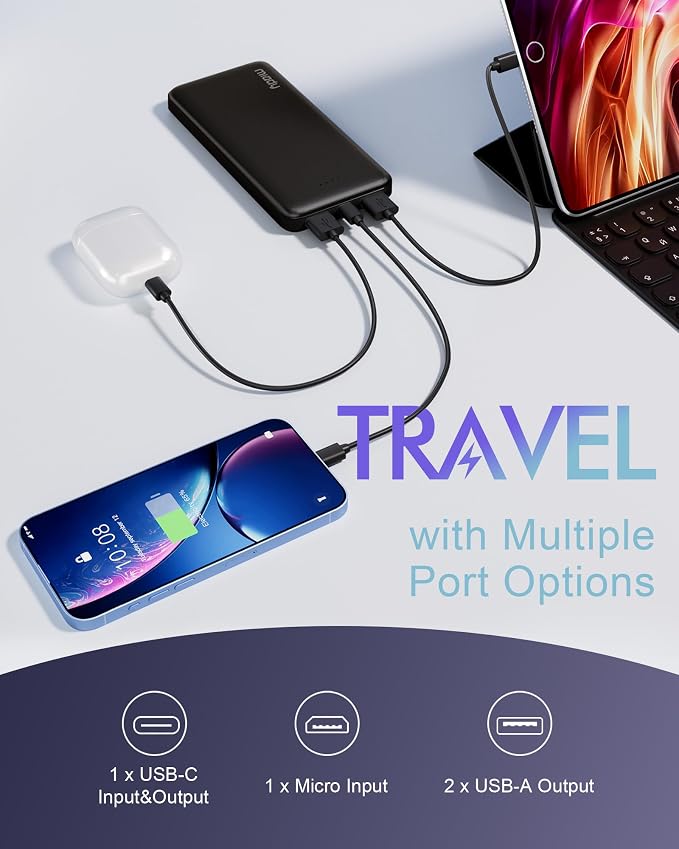 Miady 2-Pack Portable Charger, Slim 10000mAh Power Bank Travel Battery Pack | Dual USB丨3 Outputs 2 Inputs丨for Backpack Travel Camping丨Slim丨Compatible with iPhone Android etc丨Flight-Safe丨37Wh丨Green+Purple - Image 2
