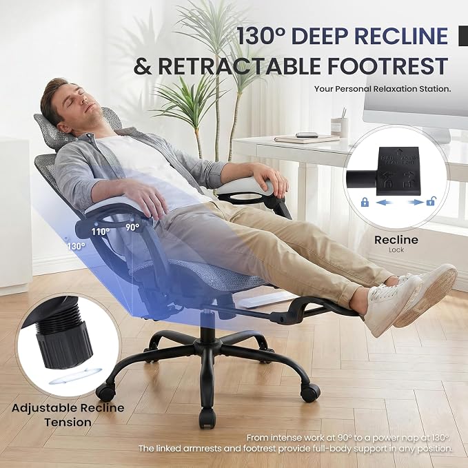 MALOL Ergonomic Mesh Office Chair with Footrest, Executive High Back Computer Desk Chair with 3D Adjustable Headrest & 5-Level Lumbar Support, Reclining Tilt Lock, 3D Arms, 300LBS Capacity, White - Image 7