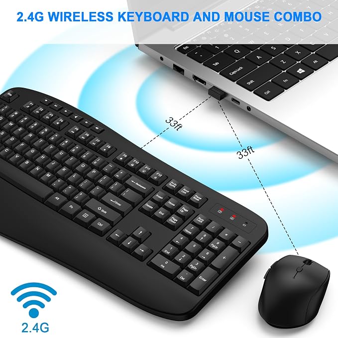Wireless Keyboard and Mouse Combo, EDJO 2.4G Full-Sized Ergonomic Computer Keyboard with Wrist Rest and 3 Level DPI Adjustable Wireless Mouse for Windows, Mac OS Desktop/Laptop/PC,Classic Black - Image 2