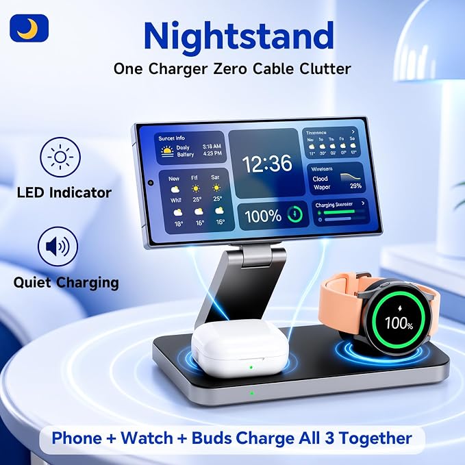 3 in 1 Foldable Magnetic Wireless Charging Station for Samsung | Fast Wireless Charger Stand for Galaxy S26 Ultra/S25/S24, Z Fold 7/Flip 7, Galaxy Watch Ultra/8/7/6, Buds 3 Pro - Image 5