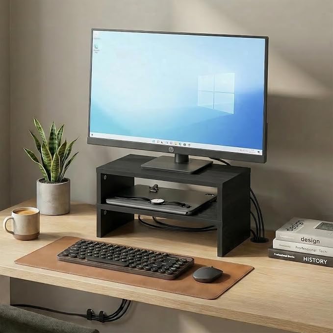Furinno CLASSIC Monitor Stand Riser Set of 2, 15.7" Wide Dual Monitor Riser, Stackable Separable Laptop Stand for Desk, Desktop Organizers and Accessories, for Office Supplier, Espresso - Image 3