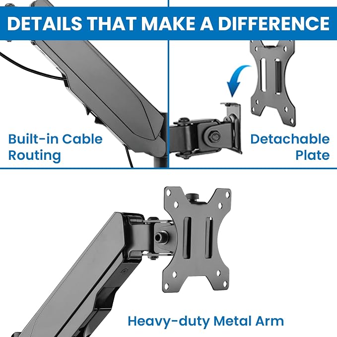 Mount-It Computer Monitor Wall Mount, Gas Spring Arm, Full Motion | for 17-32 Inch Screens, 11 in Height Range, Cable Management, Tilt Swivel, VESA 75x75 100x100, 17.6 Lbs, Alloy Steel, Black - Image 3