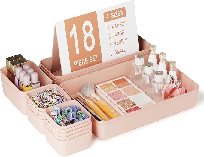 Drawer Organizers Bins 18 PCS for Bathroom Makeup Desk Office | with Non-slip Pads, 4 Sizes, Plastic Tray, Vanity Organizer, Kitchen Utensils Organizer by Homhut