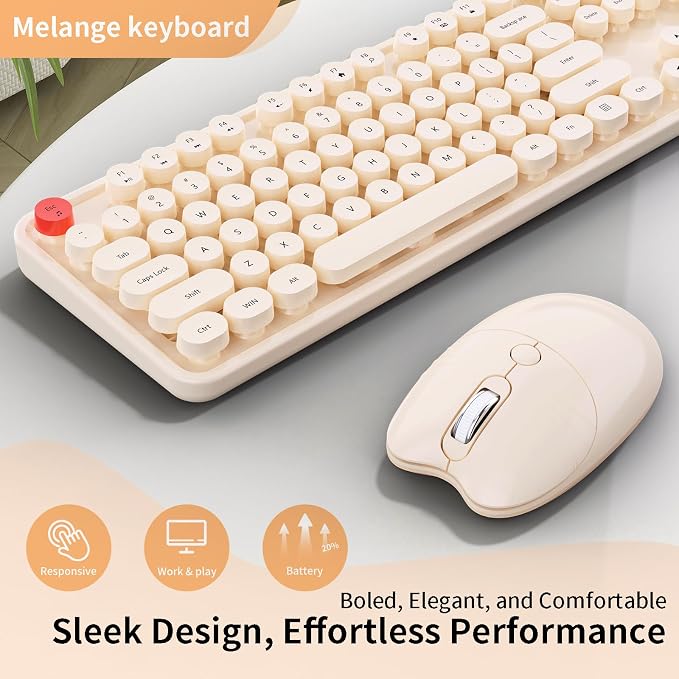 Wireless Keyboard Mouse, MOFII 104 Keys Cute Retro Typewriter Coffee | With OTG & Long Clean Bruch,Compatible With All windows and Type C Computer,1600DPI,Ideal For PC, Home, Office and College - Image 3