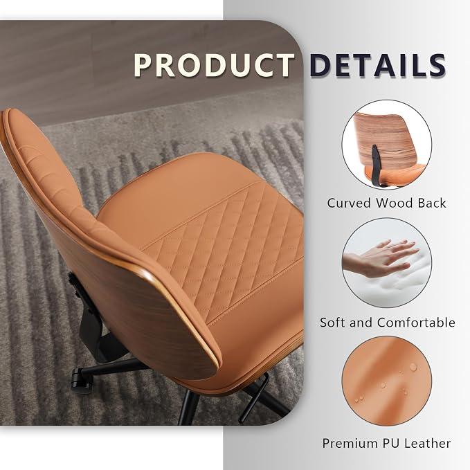 Home Office Chair No Arms with Wheels, Mid Back Walnut Style, Brown | Adjustable Height PU Leather Mid Back Support, 360 Swivel Computer Small Desk Seat, Armless Walnut Office Chair, 300LBS Cap - Image 5