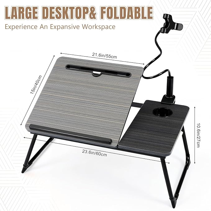 Nuanchu Black 2 Pcs 23.6 in Laptop Desk for Bed with Adjustable Stand, Lap Desks for Adults, Bed Tray with Drawer & Phone Holder, Dorm Room, College Dorm (7 Gears) - Image 2