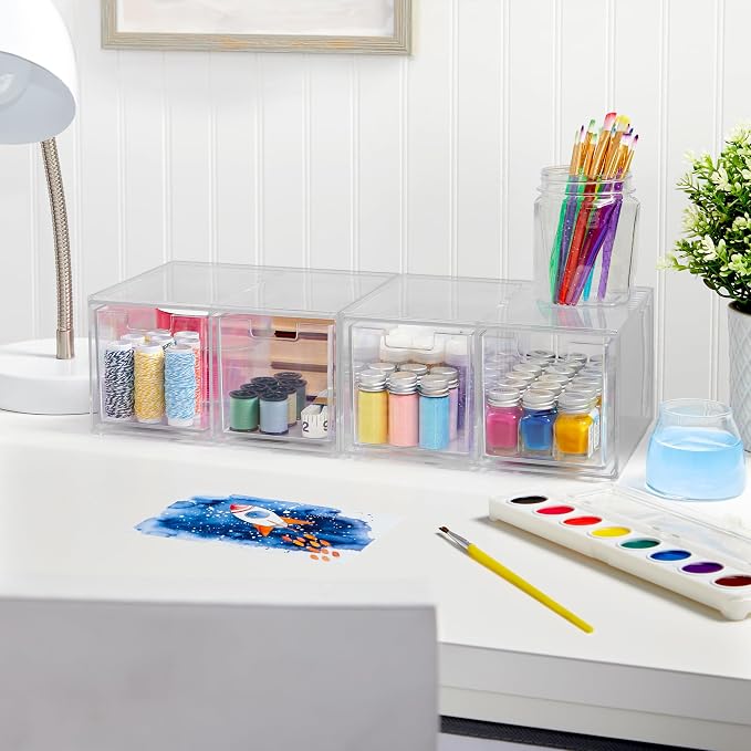 STORi Stackable Desk Organizer drawers, Clear Pen Pencil Makeup Brush drawers for Desktops and Vanities, 4 Tall Drawers (Made in USA) - Image 9