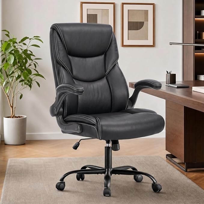 Sweetcrispy Computer Desk Chair, Lumbar Support Video Game Chair PU Leather | High Back Heavy Duty Task Desk, Flip-up Arms, Rolling Wheels, PU Leather, Inky - Image 2