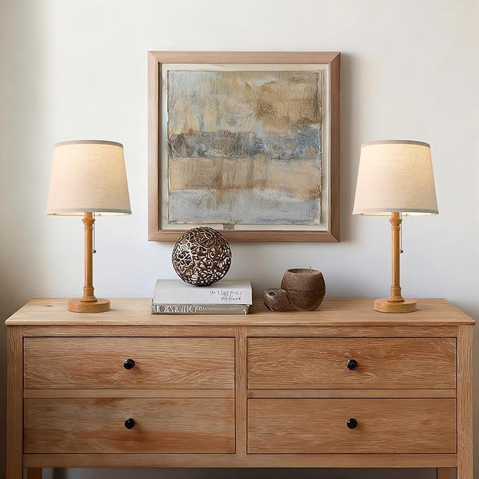 19.5" Wood Grain Rustic Table Lamps Set of 2 for Living Room Bedroom | Pull Chain Switch Bedside Table Lamps, White Linen Shade, Small Desk Lamp for Living Room, Bedroom, Home Office, Nursery - Image 3