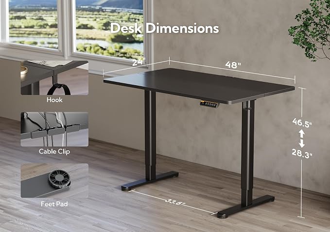 Claiks Electric Height Adjustable Standing Desk, 48x24 Inch, Black | Smooth Height Adjustment, 3 Memory Presets, Cable Management Hub&Hook, Stable Steel Frame, 176lbs Capacity, Easy Assembly - Image 3