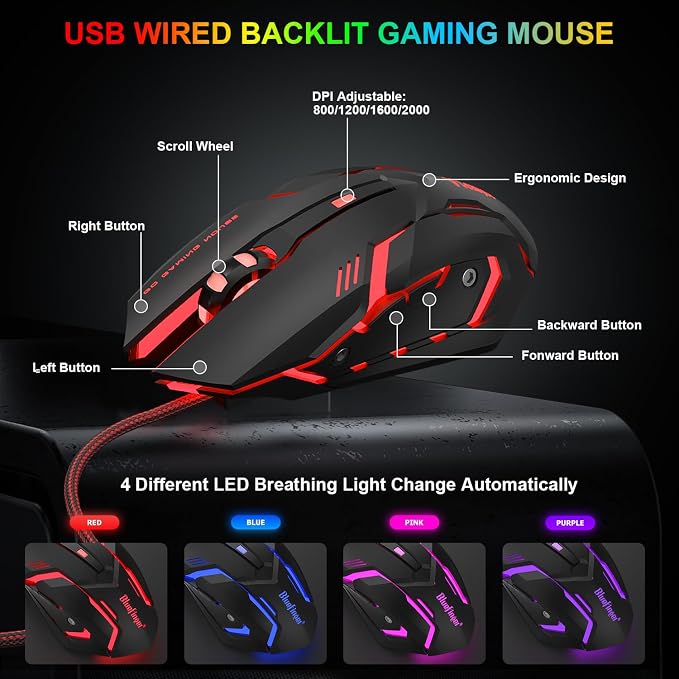 BlueFinger RGB Gaming Keyboard and Backlit Mouse Combo, USB Wired, LED Gaming Set for Laptop PC Computer Game and Work(Black & Gray) - Image 5