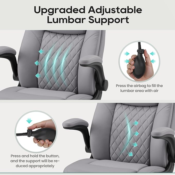 MALOL Leather Office Chair with Adjustable Lumbar Support Set of 2, Grey | Computer Desk Chair with Thick Cushion, Flip-Up Arms and Ergonomic Back, Comfy Executive Office Chair for Home Office Gaming - Image 3