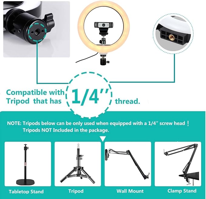 Webcam Light, Ring Light for Logitech Webcam C920,C922x,C930e,Brio 4K,C925e,MX Brio 4K,StreamCam,Brio 500,C615 1/4'' Screw Hole- 10'' Light (Without Tripod and Stand) - Image 2