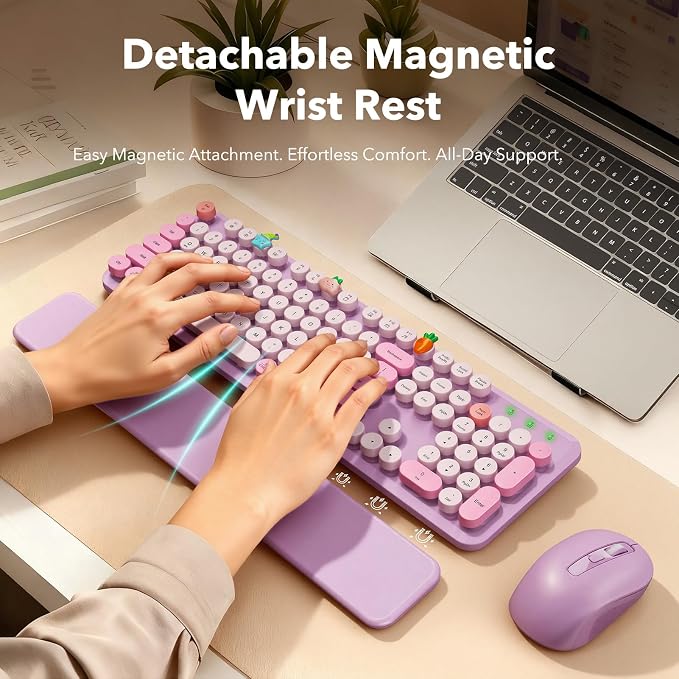 Wireless Keyboard and Mouse Combo, Round Keycaps, Full-Size Retro Typewriter Keyboard with Magnetic Wrist Rest, Tilt Legs, 2.4GHz Cordless Connection for Mac/Windows/PC, SABLUTE CK23, Lavender Purple | Full-Size Typewriter-Style Keyboard, Tilt Legs, 2.... - Image 2