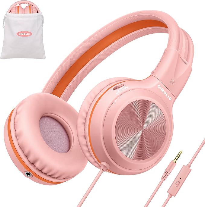 SIMOLIO Manyshare Series- Wired Headphones with Mic & Share Port, Volume Limited, Noise Isolating, Durable Plug in Headphones with Portable Pouch for Kids Girls, School, Travel, Laptop, Tablet (Pink) by SIMOLIO