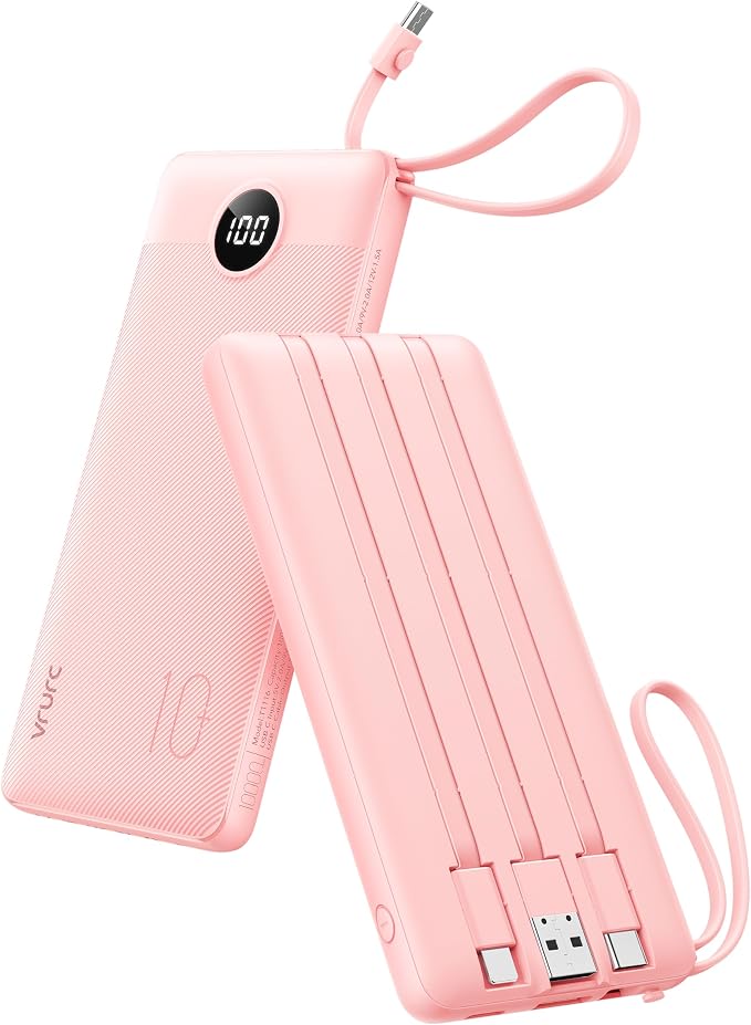 VRURC Portable Charger Power Bank, Built-in 4 Cables & 2 Ports 10000mAh | LED Display Slim Battery Pack,Compact Travel Essential Portable Phone Charger 5 Output for Multi Devices,Student/Teens(1Pack) by Home