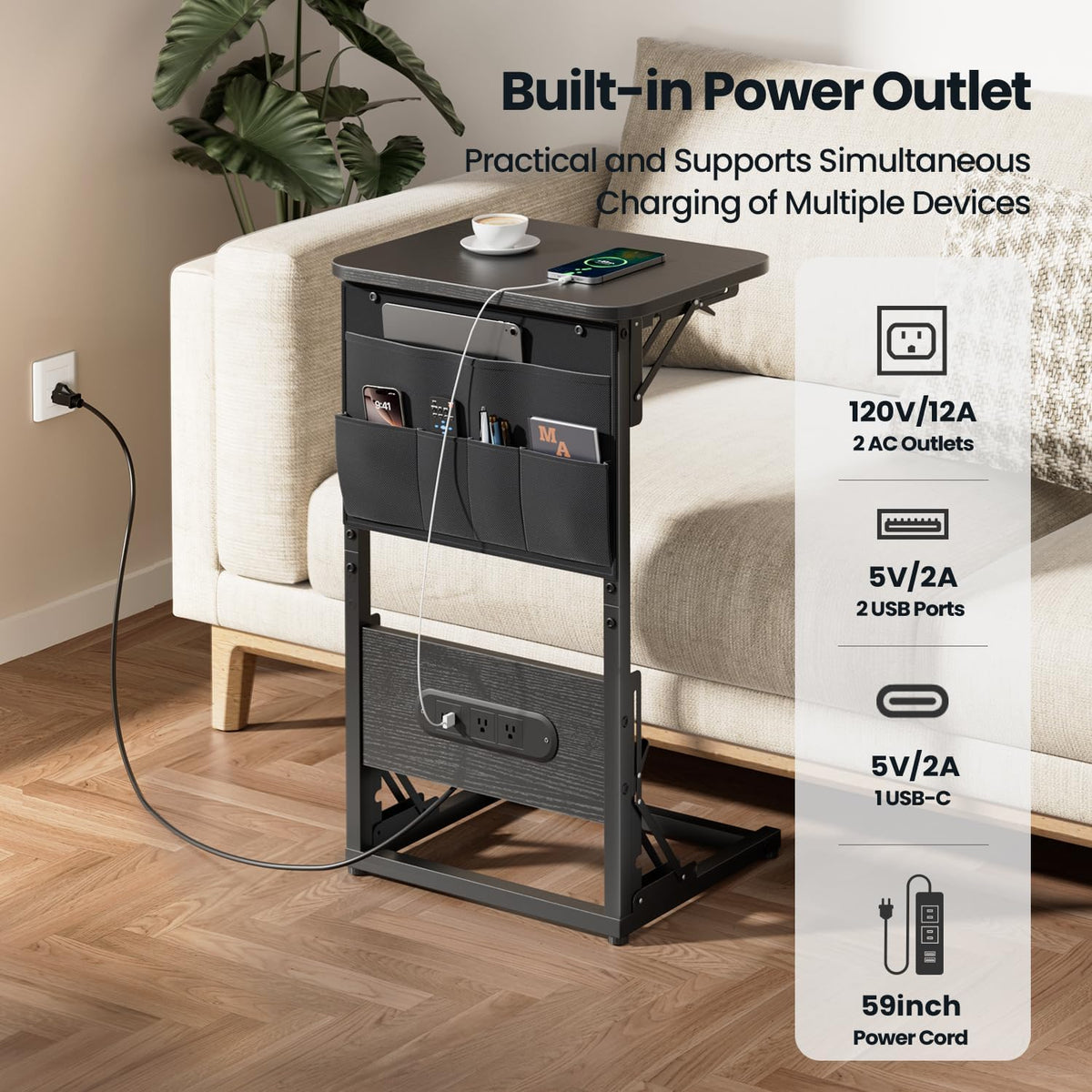 HLDIRECT C Shaped End Table with Charging Station & Storage Bag Black - Image 5