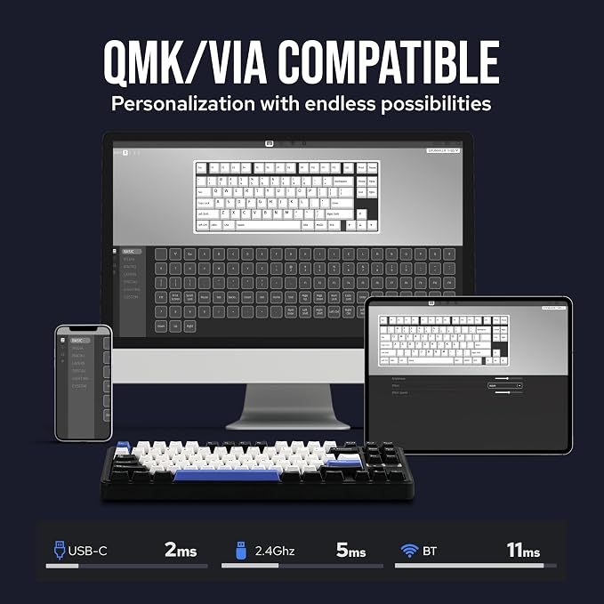 EPOMAKER TH85 QMK/VIA Wireless Gaming Keyboard, BT5.0/2.4GHz/USB-C | Hot-Swap Pre-lubed Custom Creamy Jade Linear Switches, Gasket Creamy Keyboard for PC/Mac/Office/Gaming (Black&White&Blue) - Image 6