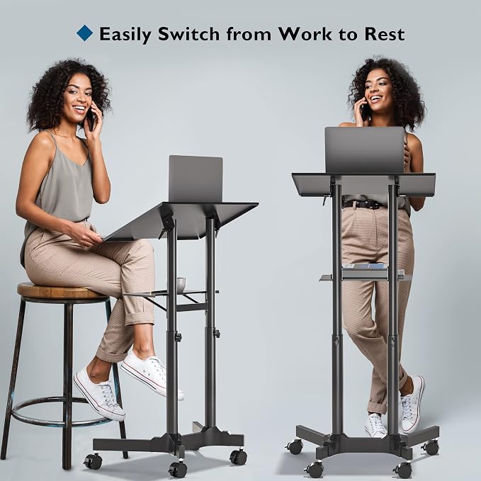 BONTEC Lecterns & Podiums Portable Mobile Standing Laptop Desk, Sit Stand | Height Adjustable, Home Office Classroom Pulpit Stand Up Desk Workstation, Rolling Table Laptop Cart with Storage Tray - Image 2