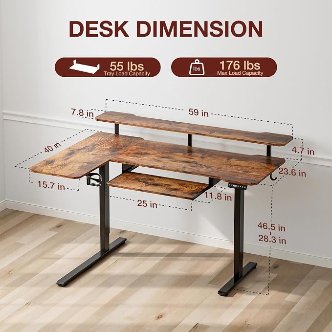 59 Inch L Shaped Standing Desk with Shelves and Keyboard, Electric Corner Standing Desk Adjustable Height, Sit Stand Computer Table with Reversiable Splice Board，Rustic Brown - Image 3