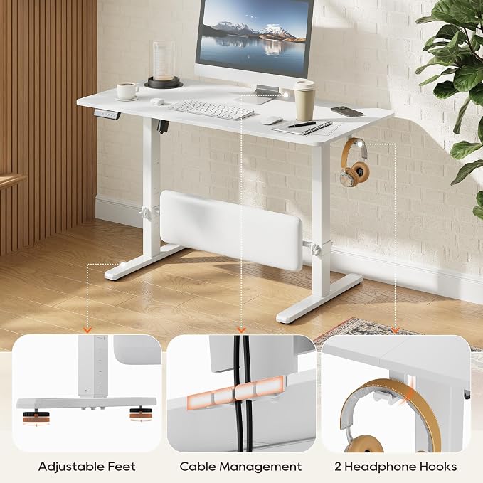 MALOL 47" x 24" Electric Standing Desk with Adjustable Footrest, White | Height Adjustable Computer Home Office Gaming Desk with 3 Memory Presets & Child Lock, Adjustable Feet, Cable Management - Image 10