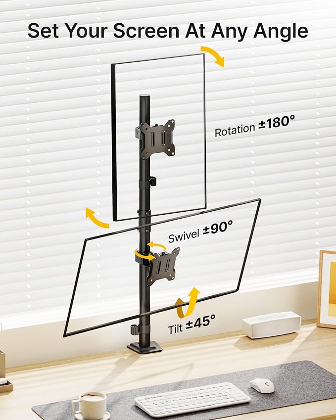 monTEK Stacked Dual Monitor Stand for 17-32", 22 lbs Each | Vertical dual-screen desk mount, height adjustment, tilt, swivel, rotation, clamp/grommet bases and VESA 75/100 - Image 4