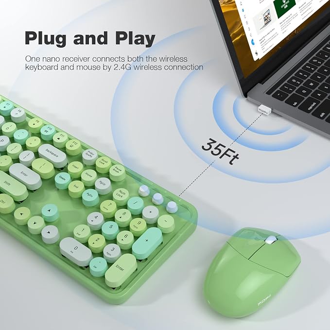 MOFII Wireless Keyboard and Mouse Combo, Retro Green 2.4GHz Full Size Colorful Keyboards with Round Keycaps, Cute Wireless Mouse for Laptop, PC, Chromebook, Smart TV, Computer, Windows - Image 2