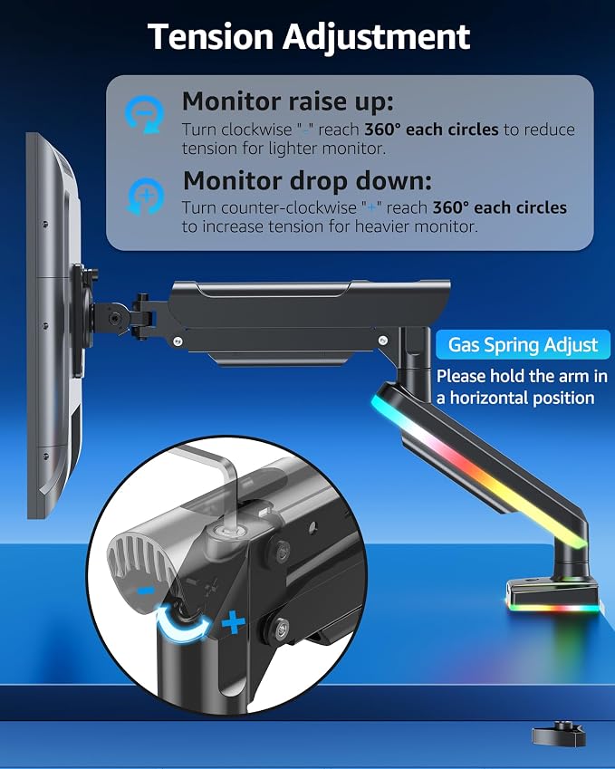 MOUNTUP RGB Single Monitor Arm Fits 32 27 24 22 inch, Holds 4.4-22lbs Screens, Monitor Stand for Desk with RGB Lights, 19 Modes, Computer Monitors Desk Mount, VESA Mount with Clamp & Grommet Bases - Image 5