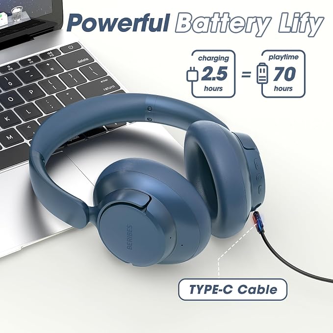 BERIBES Hybrid Active Noise Cancelling Headphones Wireless Over Ear 70Hours | Foldable Bluetooth 6.0,Transparent Modes,3.5MM Cable,Lightweight Built-in Mic,HiFi Stereo Deep Bass,Soft-Earpad,Fast Charging - Image 3