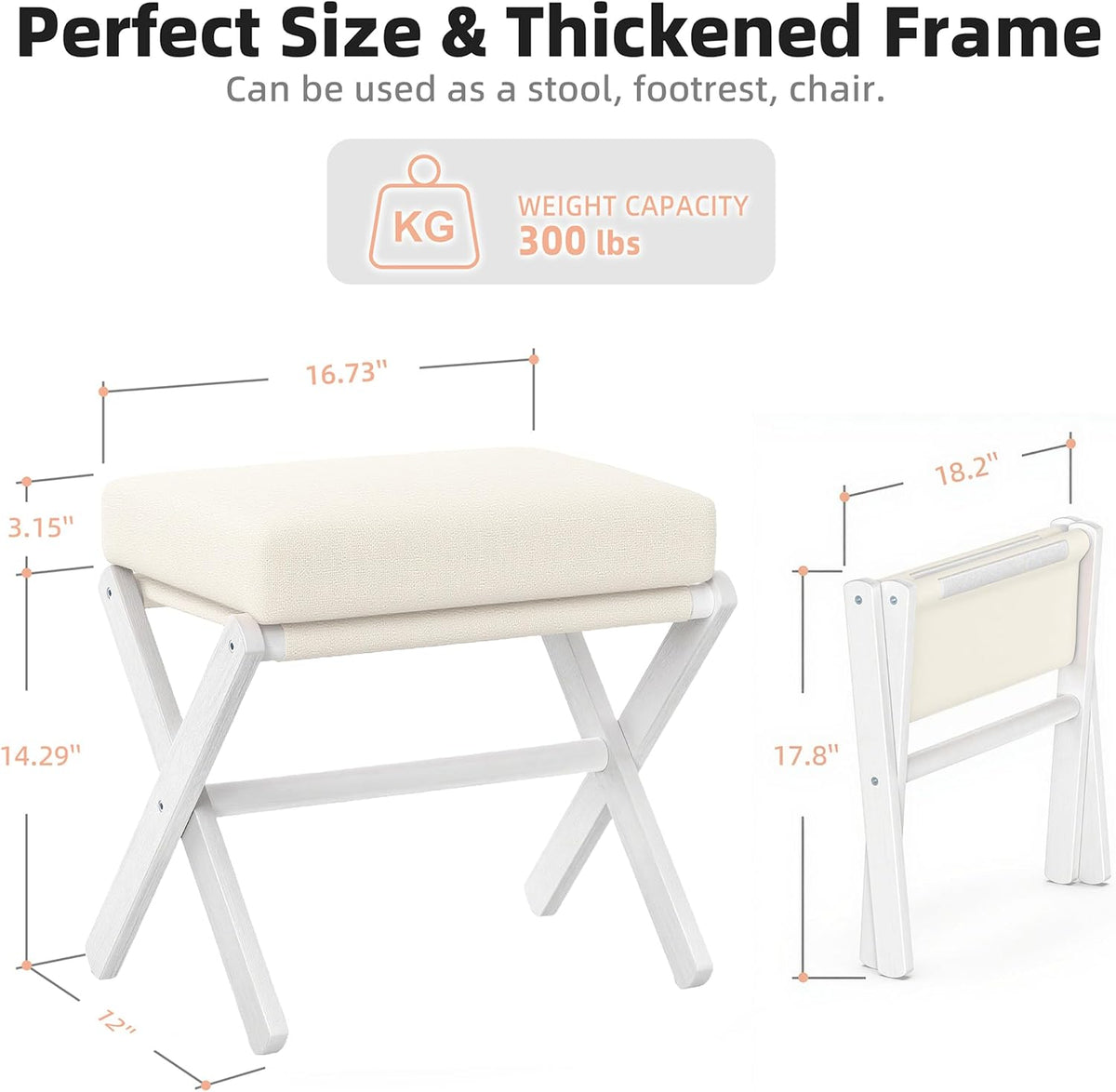Foldable Foot Stool Ottoman, Modern Foot Rest with Bamboo X Legs & Thick Foam Cushion, Folding Foot Stools Small Padded for Bedroom Living Room, Footstool for Chair Couch (White - White) - Image 3