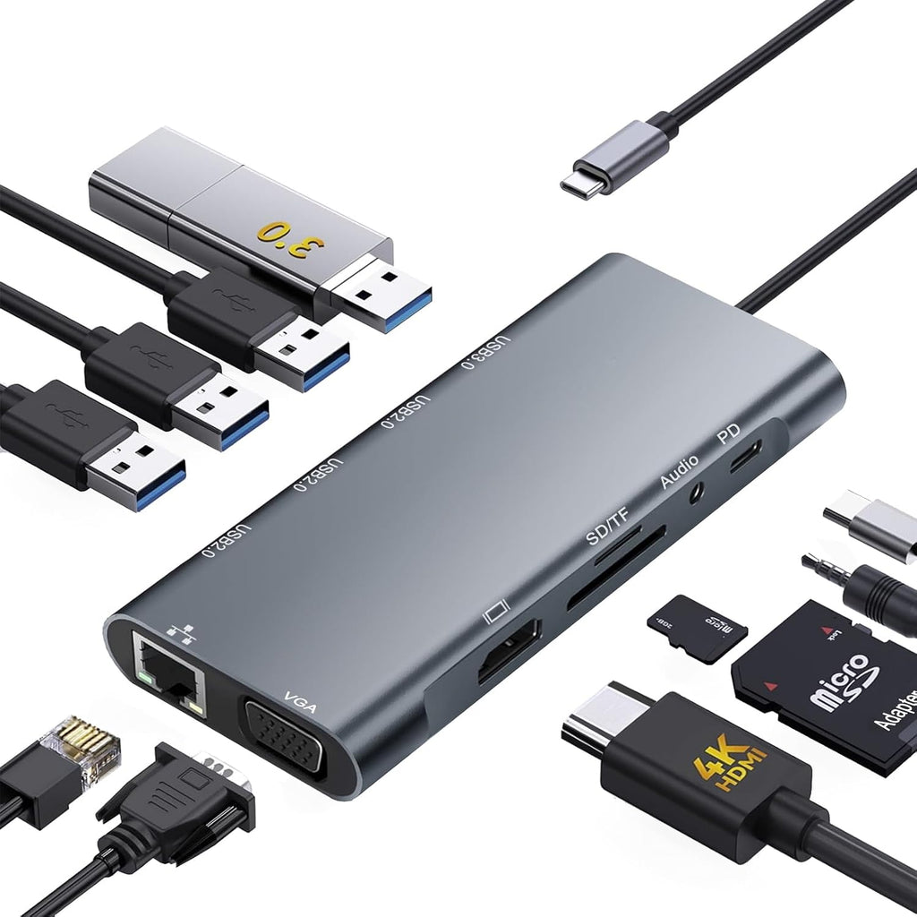 USB C Hub Multiport Adapter, 11 in 1 USB C Docking Station with 4K HDMI, 1080P VGA, 100W PD, USB 3.0, RJ45 Ethernet, TF/SD Card Reader, 3.5mm Audio, USBC Dongle for MacBook Pro/Air, Windows, Laptops by Luonanava