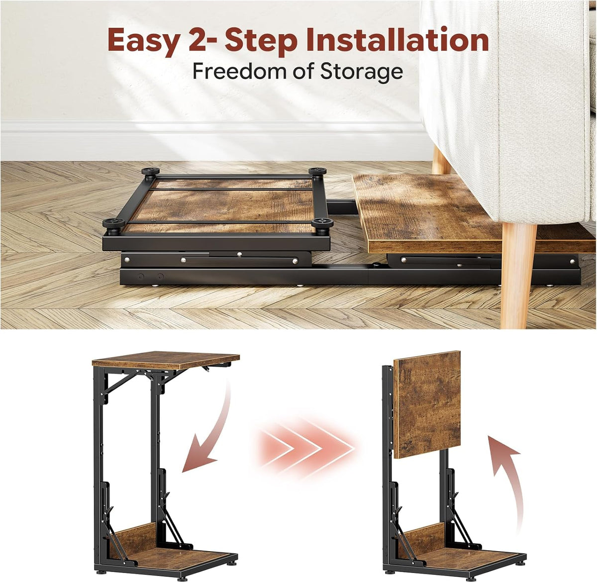 Simple Trending C Shaped End Table, Folding TV Tray Table, Side Table for Living Bedroom, Rustic Brown - Image 7