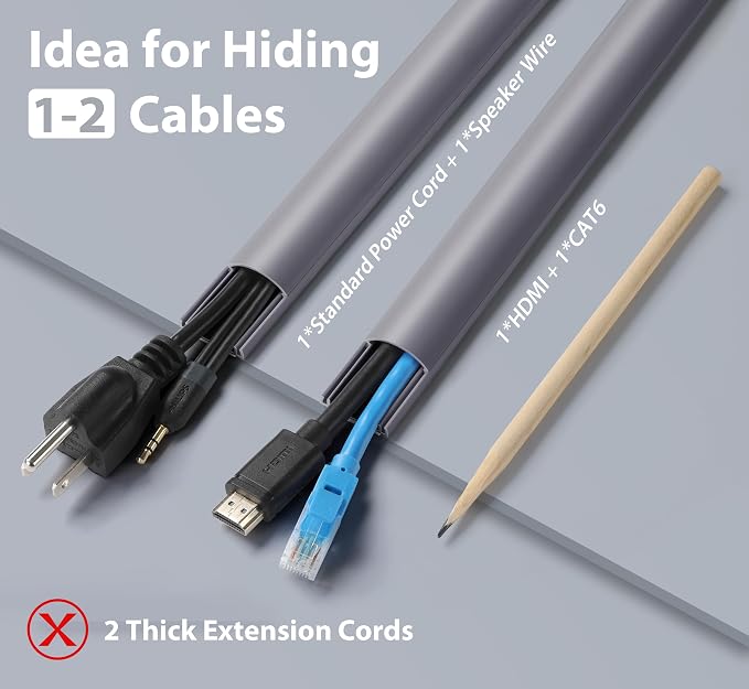ZhiYo 39in Cord Covers for 1-2 Wires on Wall, 1" W x 0.4" H, Grey | Curved Design, Low-Profile Cord Hider, Self-Adhesive Cable Management Raceway for Wall-Mounted TV Wires,3 Pack (13" Each) - Image 3